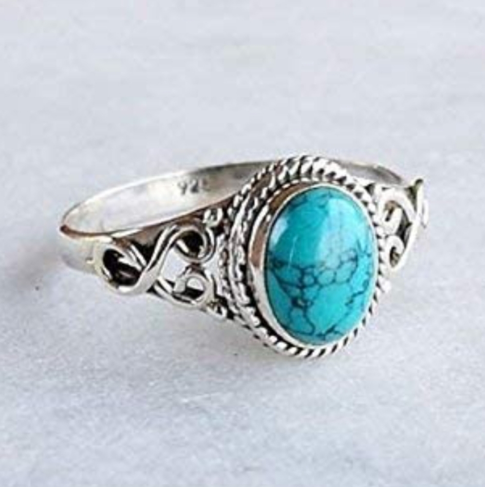 Sterling Silver Plated Ring Cut Natural Bohemia Turquoise Jewelry